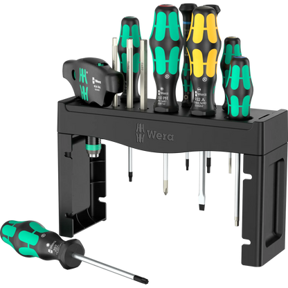 Wera Tool Rebel Shop Fahrrad Wartung Set mit Werkzeughalter und Schraubendreher im Vordergrund