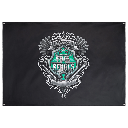 Wera Werkstattbanner mit großem Tool Rebels Wappen auf schwarzem Hintergrund 