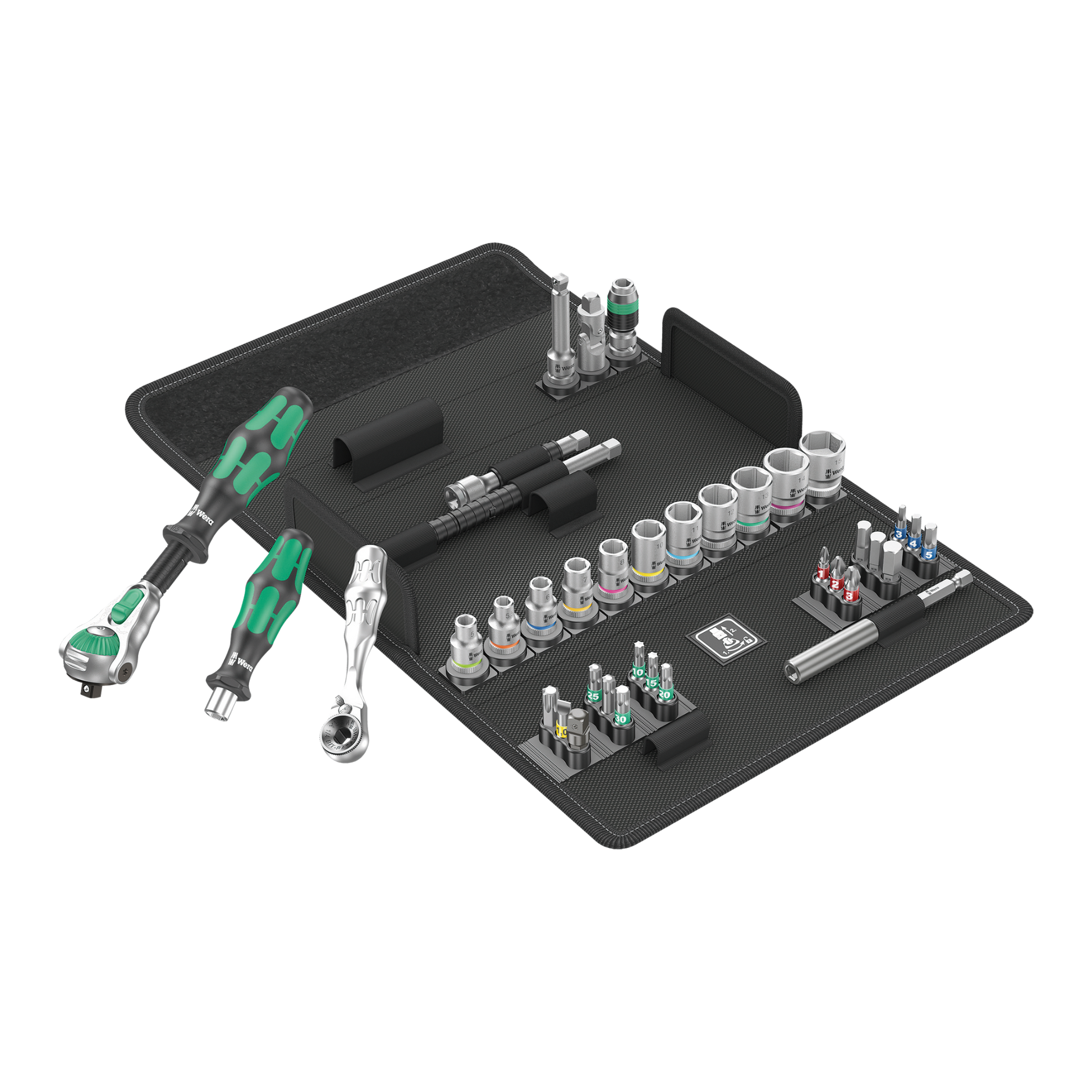 Wera Tool Rebel Knarren Set 1/4 Zoll vor aufgeklappter Tasche